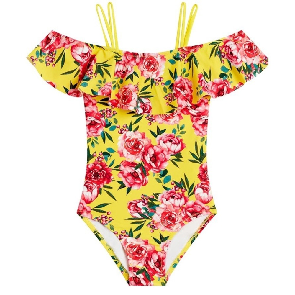 Kanu Surf Girls' Avery Yellow Pink Floral One Piece Swimsuit Size 4 Ruffle NWT